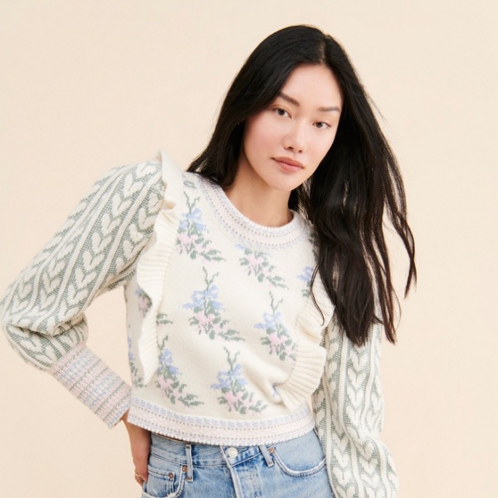 LoveShackFancy Warwick Pullover Sweater in Dew Drop Cream